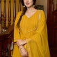 Graceful delicate mustard cotton kurta with a lace yoke and matching pants - Dupatta Optional