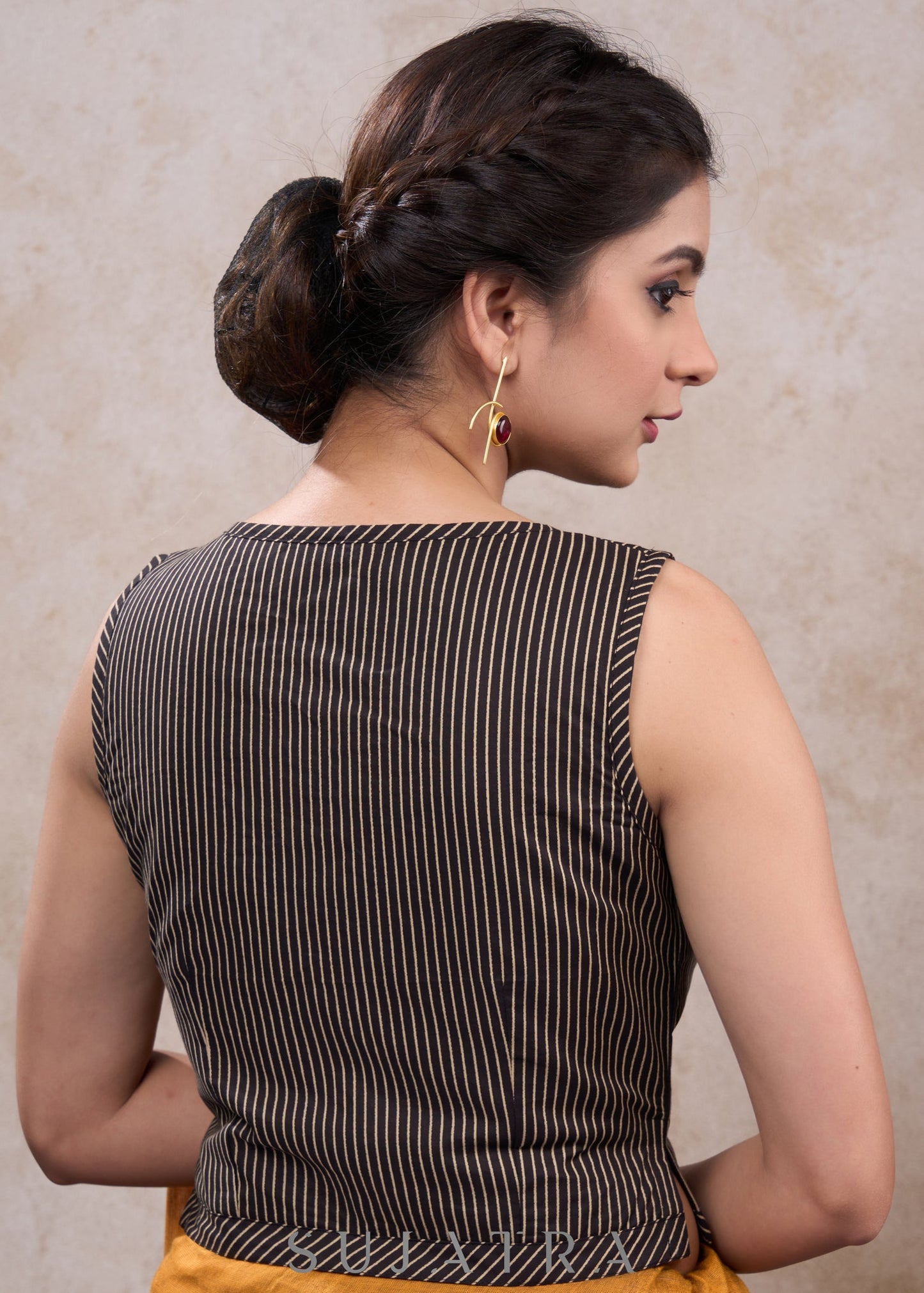 Trendy black striped cotton ajrakh blouse