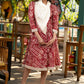 Trendy red printed rayon flared dress with contrast stole
