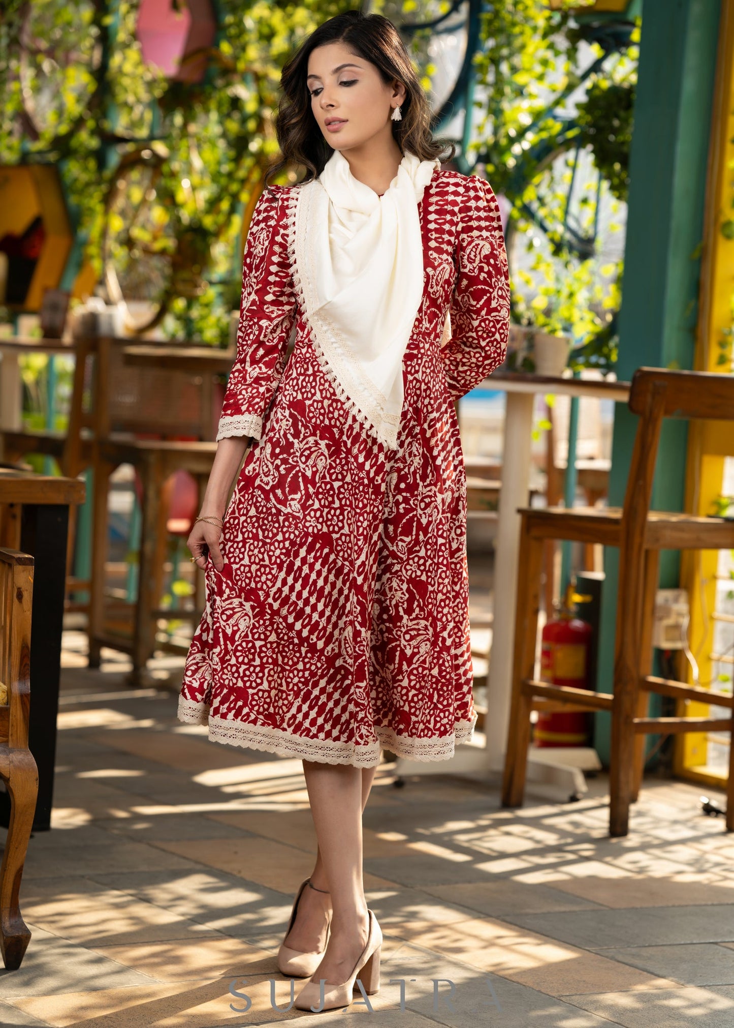 Trendy red printed rayon flared dress with contrast stole
