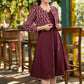 Trendy wine cotton flared dress paired with contrast ikat shrug