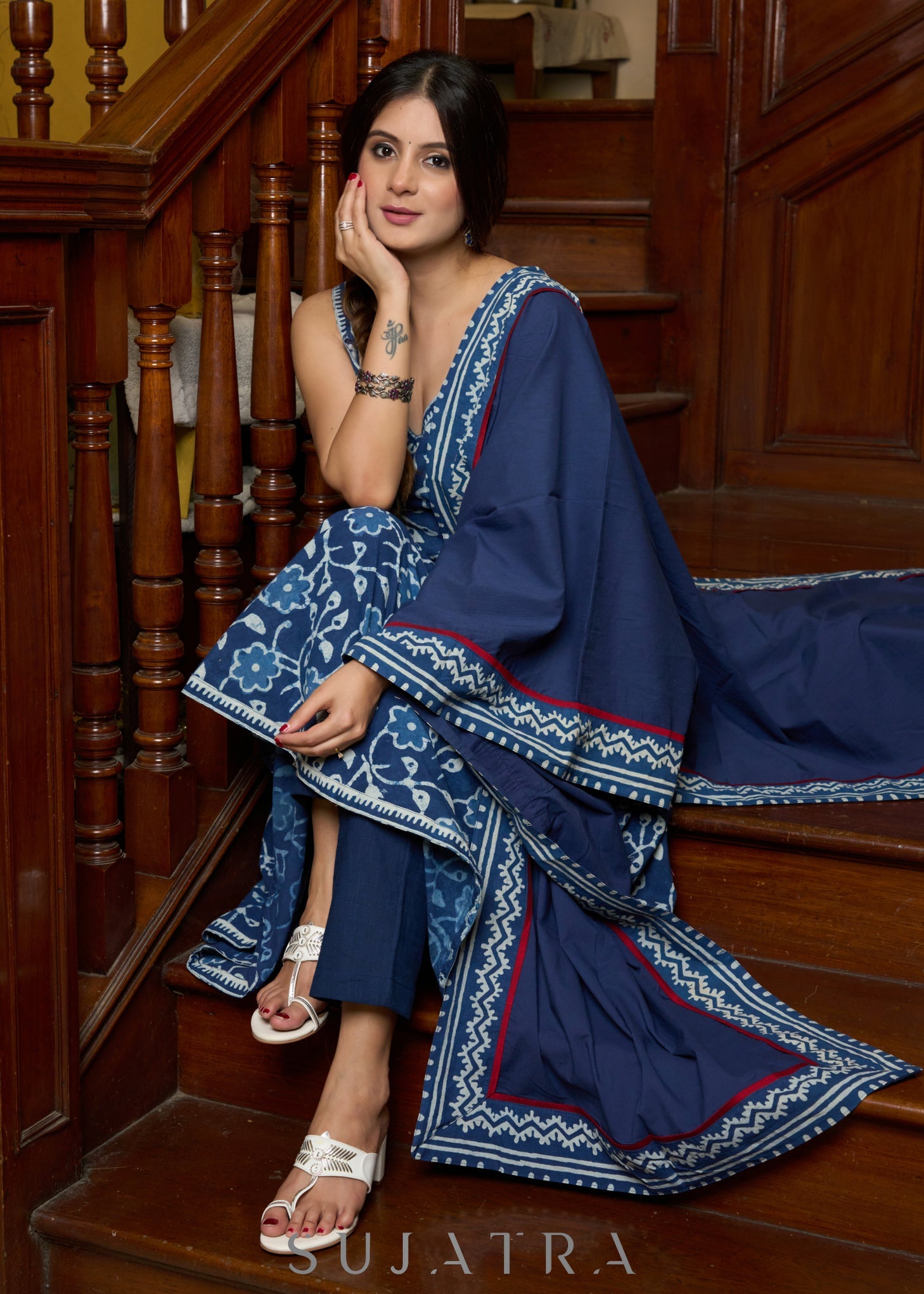 Stylish sleeveless indigo anarkali kurta paired with a matching mul dupatta - Pants Optional