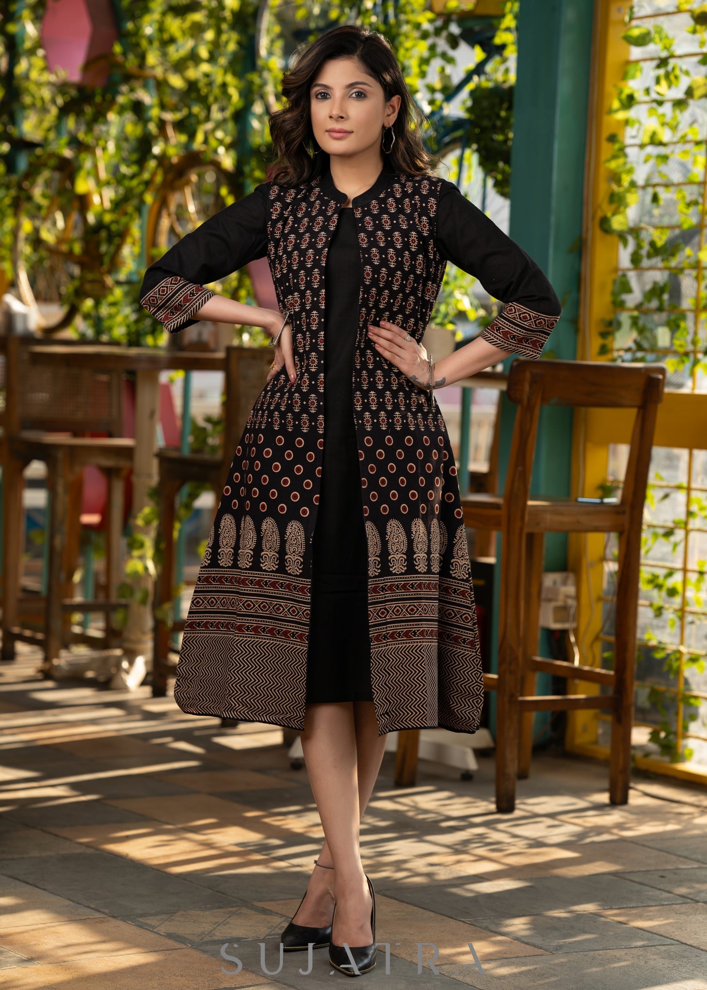 Elegant Black cotton dress with stylish ajrakh long shrug SujatraCA Elegant Black cotton dress with stylish ajrakh long shrug SujatraCA