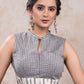 Stylish grey cotton checkered blouse with mandarin collar & ikat combination