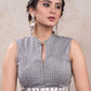 Stylish grey cotton checkered blouse with mandarin collar & ikat combination
