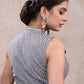Stylish grey cotton checkered blouse with mandarin collar & ikat combination