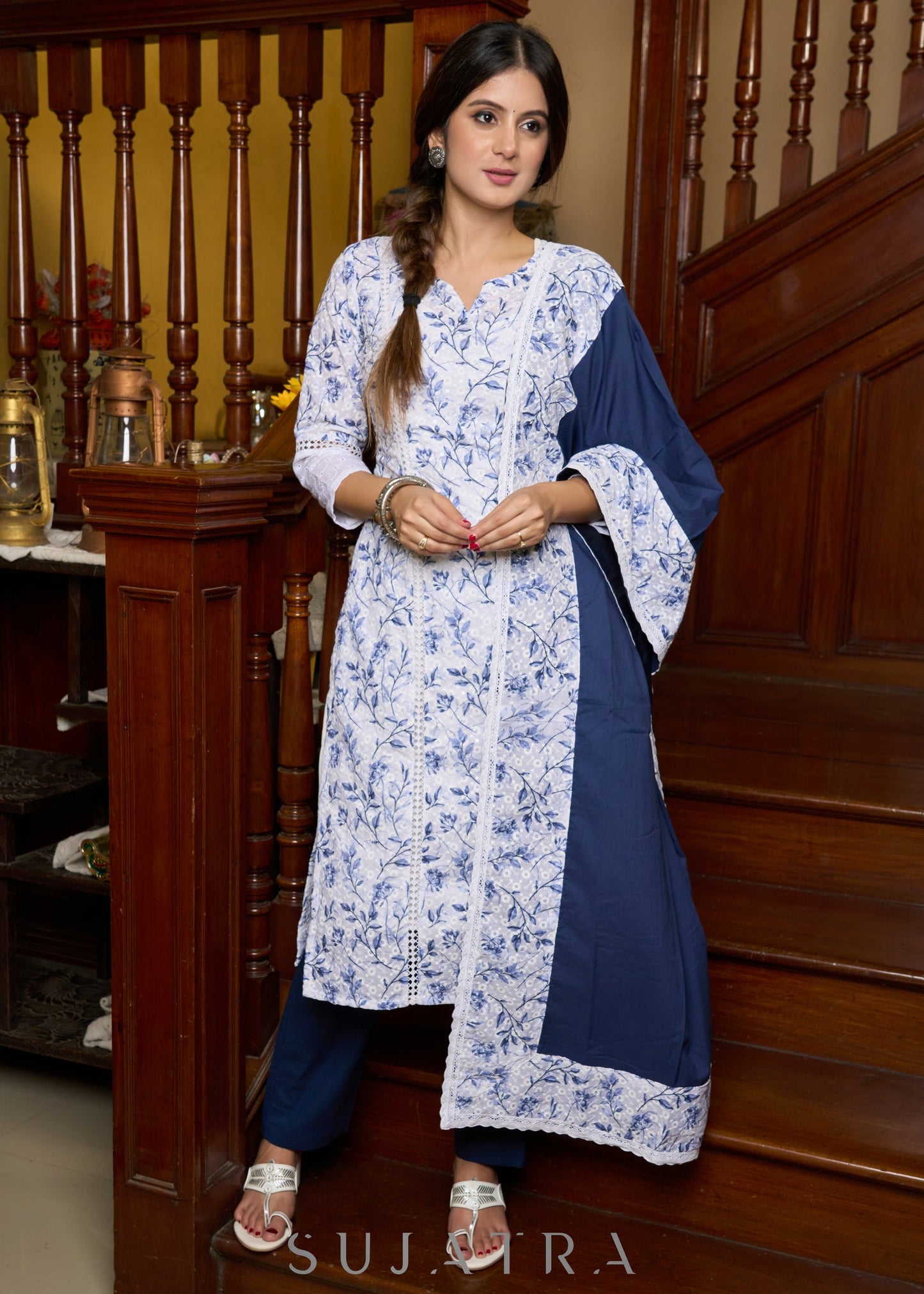 Elegant white Hakoba printed kurta, with delicate lace accents paired with matching Pants - Dupatta optional