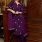 Exquisite hand-embroidered purple rayon kurta with matching pants - Dupatta Optional