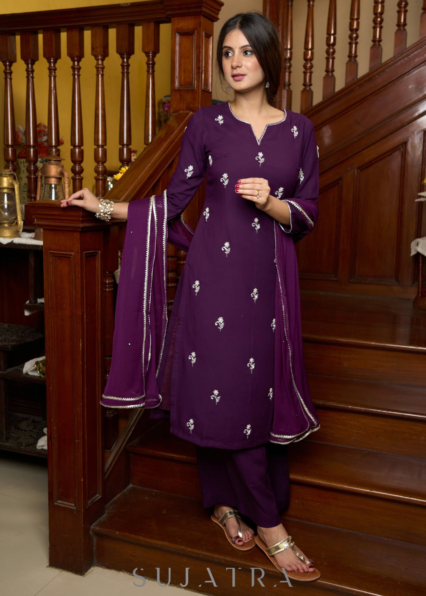 Exquisite hand-embroidered purple rayon kurta with matching pants - Dupatta Optional