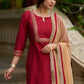 Opulent maroon hand-embroidered silk blend kurta with matching pants - Dupatta optional