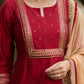 Opulent maroon hand-embroidered silk blend kurta with matching pants - Dupatta optional