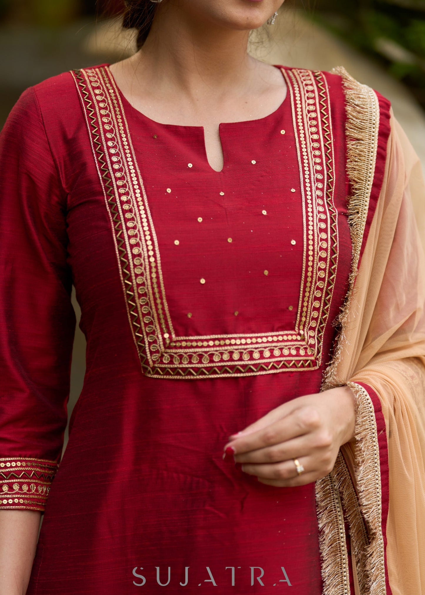 Opulent maroon hand-embroidered silk blend kurta with matching pants - Dupatta optional