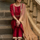 Opulent maroon hand-embroidered silk blend kurta with matching pants - Dupatta optional