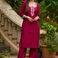 Magenta hand-embroidered silk blend kurta with matching pants - Dupatta Optional