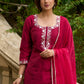 Magenta hand-embroidered silk blend kurta with matching pants - Dupatta Optional