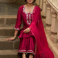 Magenta hand-embroidered silk blend kurta with matching pants - Dupatta Optional
