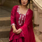 Magenta hand-embroidered silk blend kurta with matching pants - Dupatta Optional