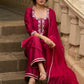 Magenta hand-embroidered silk blend kurta with matching pants - Dupatta Optional