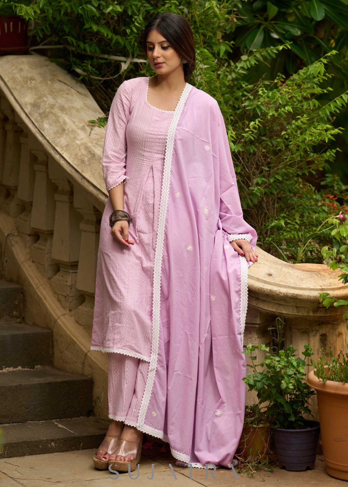 Refreshingly original mauve self-textured Kurta with matching pants - Dupatta Optional