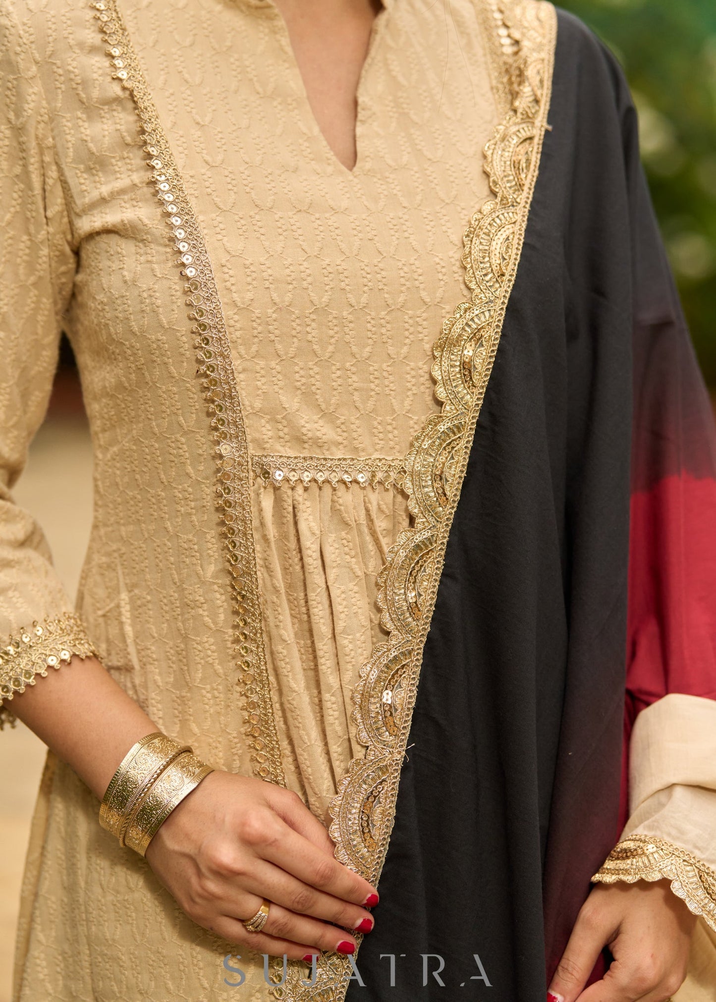 Classic beige self-textured Kurta paired with matching Pants - Dupatta Optional
