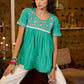 Teal green half sleeve top with pink embroidery-Pant optional