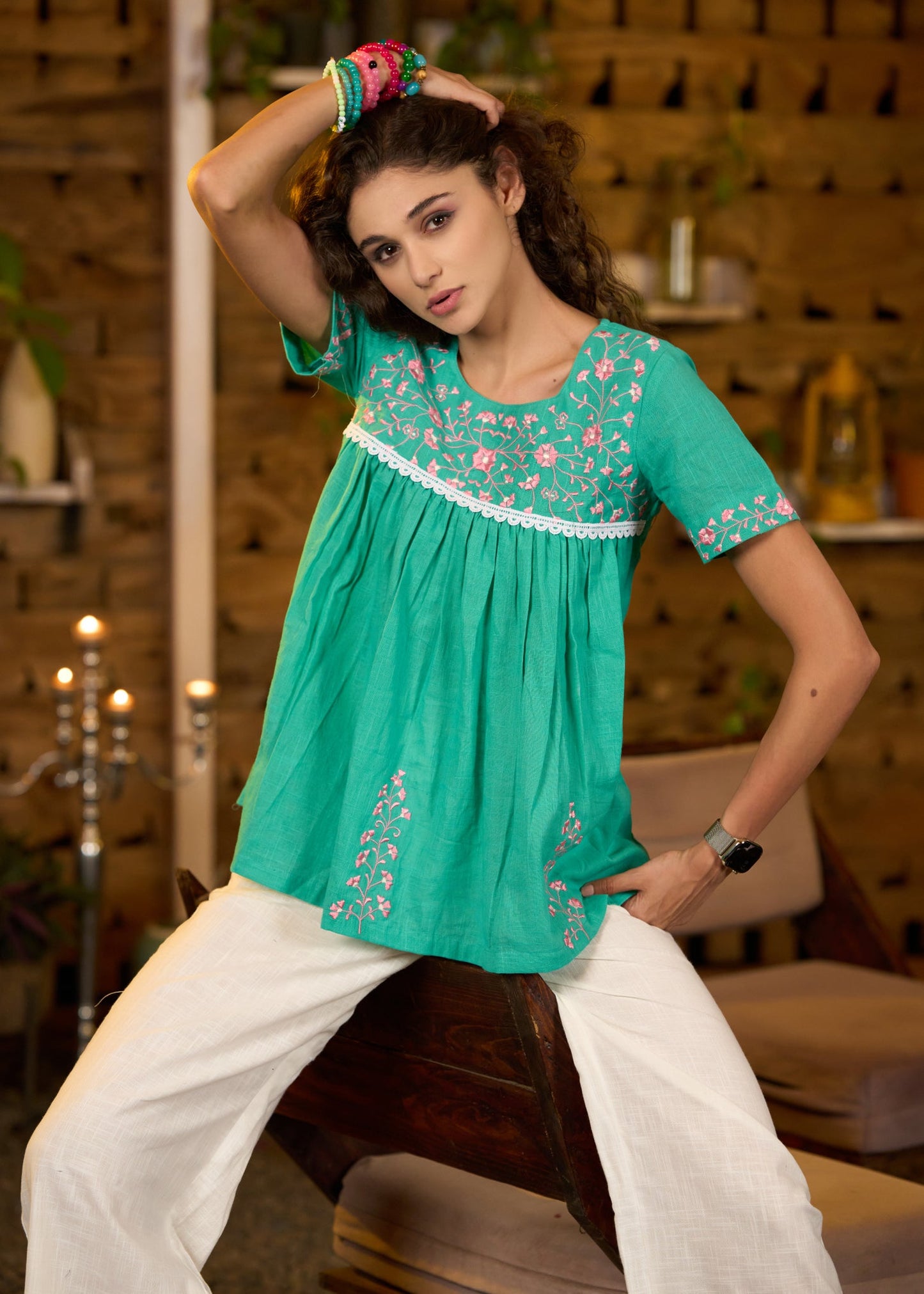 Teal green half sleeve top with pink embroidery-Pant optional