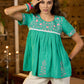 Teal green half sleeve top with pink embroidery-Pant optional