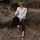 Elegant white floral printed top with threadwork on yoke - Pant Optional
