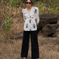 Elegant white floral printed top with threadwork on yoke - Pant Optional