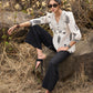 Elegant white floral printed top with threadwork on yoke - Pant Optional