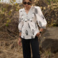 Elegant white floral printed top with threadwork on yoke - Pant Optional