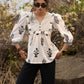 Elegant white floral printed top with threadwork on yoke - Pant Optional