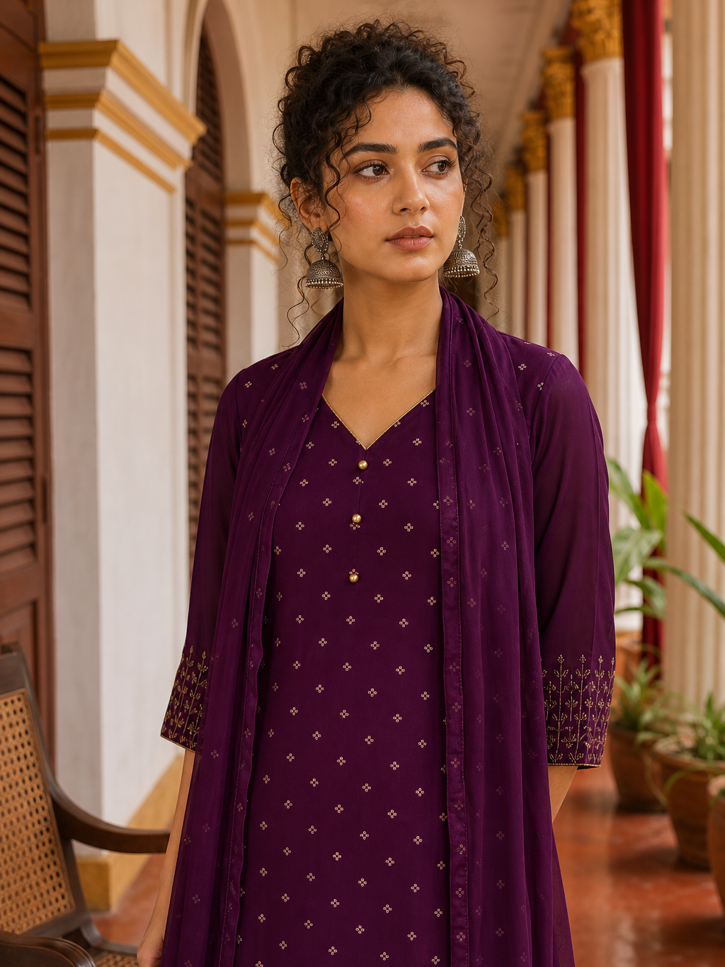 Elegant Purple Chanderi Kurta with Gold Foil Booti Print, hand embroidered Cuffs