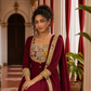 Timeless Maroon Anarkali Kurta Set with Madhubani Floral Yoke, Sequin Embellishment & Matching Dupatta