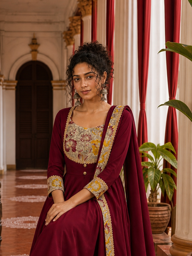 Timeless Maroon Anarkali Kurta Set with Madhubani Floral Yoke, Sequin Embellishment & Matching Dupatta