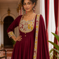 Timeless Maroon Anarkali Kurta Set with Madhubani Floral Yoke, Sequin Embellishment & Matching Dupatta