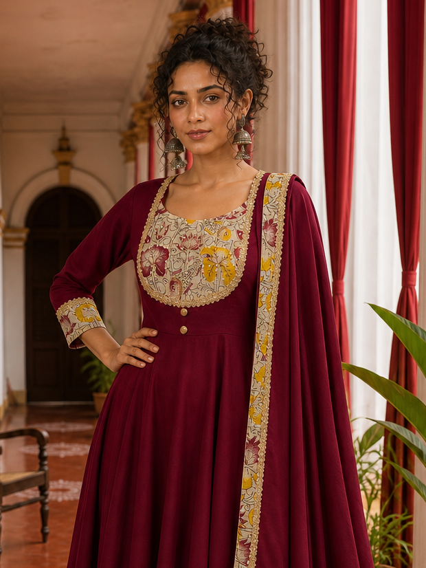 Timeless Maroon Anarkali Kurta Set with Madhubani Floral Yoke, Sequin Embellishment & Matching Dupatta
