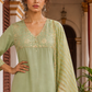 Elegant pista Green Kurta with Golden Floral brocade Yoke, appliqué Sleeve hem