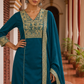 Elegant Teal Cotton Kurta with Beige Kutch-Work hand Embroidered Madhubani Yoke and Mirror Work Detailing