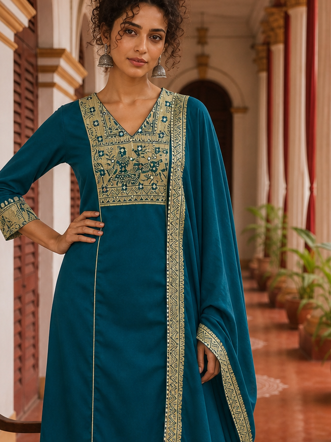 Elegant Teal Cotton Kurta with Beige Kutch-Work hand Embroidered Madhubani Yoke and Mirror Work Detailing