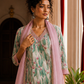 Elegant Off-White Floral Printed Kurta with Pink hand embroidered V-Neck patch