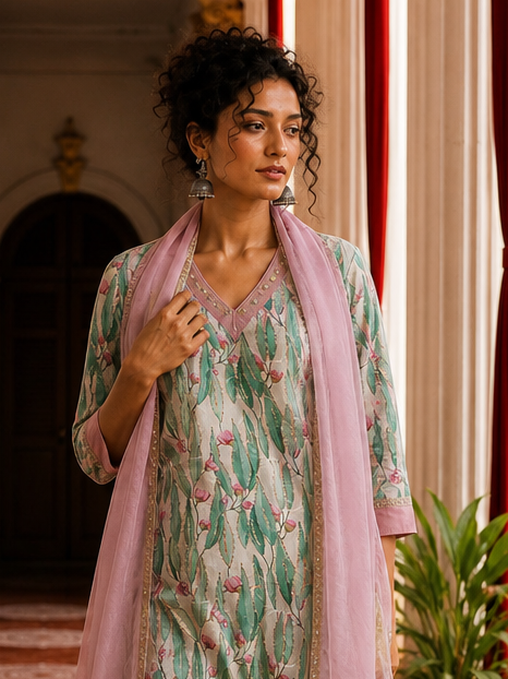 Elegant Off-White Floral Printed Kurta with Pink hand embroidered V-Neck patch