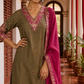 Elegant Dark Gold Cotton silk Kurta with Contrast Magenta Gold Embroidered V-Neck brocade Yoke and Coordinated Sleeve Cuffs