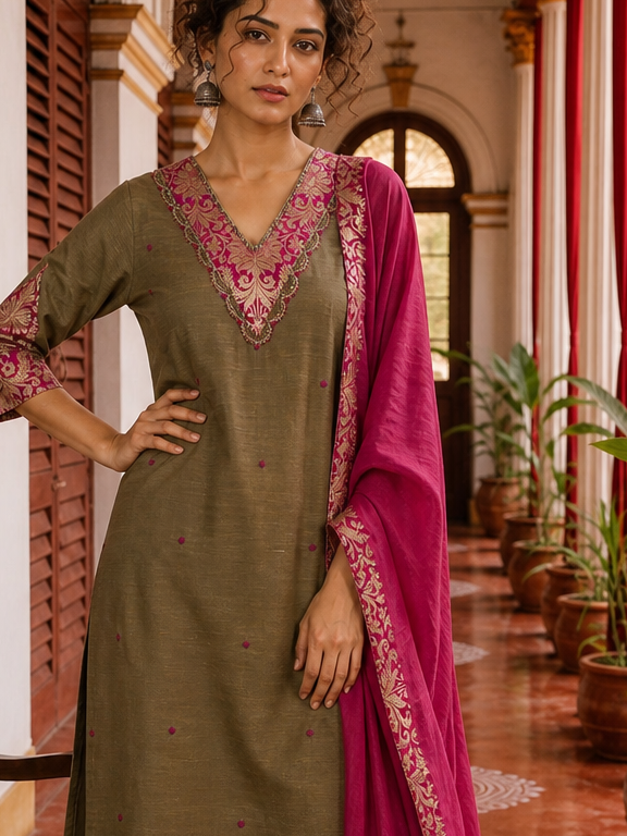 Elegant Dark Gold Cotton silk Kurta with Contrast Magenta Gold Embroidered V-Neck brocade Yoke and Coordinated Sleeve Cuffs