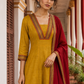 Vibrant Mustard Yellow Cotton Anarkali Kurta with Contrast red Border