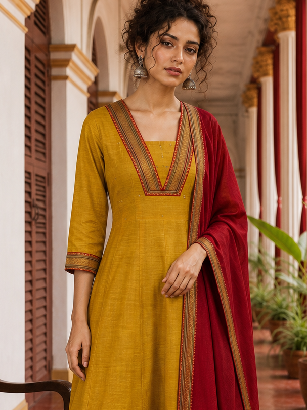 Vibrant Mustard Yellow Cotton Anarkali Kurta with Contrast red Border