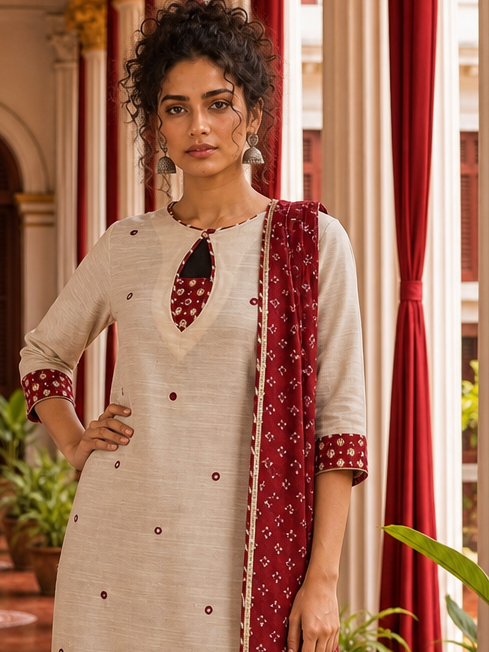 Elegant Beige Textured Kurta with Maroon Keyhole Neckline, Mirror Work & Bandhani Print Palazzo Set