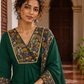 Elegant Bottle Green Dress with Kalamkari Print Yoke, Contrast Sleeve Cuffs