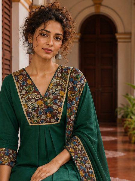 Elegant Bottle Green Dress with Kalamkari Print Yoke, Contrast Sleeve Cuffs
