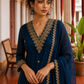 Elegant Teal Blue Georgette Kurta with Heavy Gold embroidered border V-Neck Yoke & Matching Sleeve Cuffs